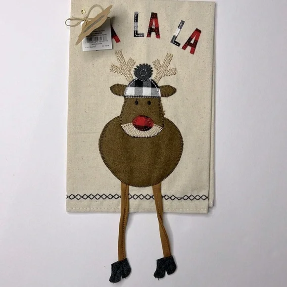 MUDPIE Set Of 2 Christmas HandTowels NEW Embroidered 3D Reindeer Dangle Leg Gift - Picture 5 of 14
